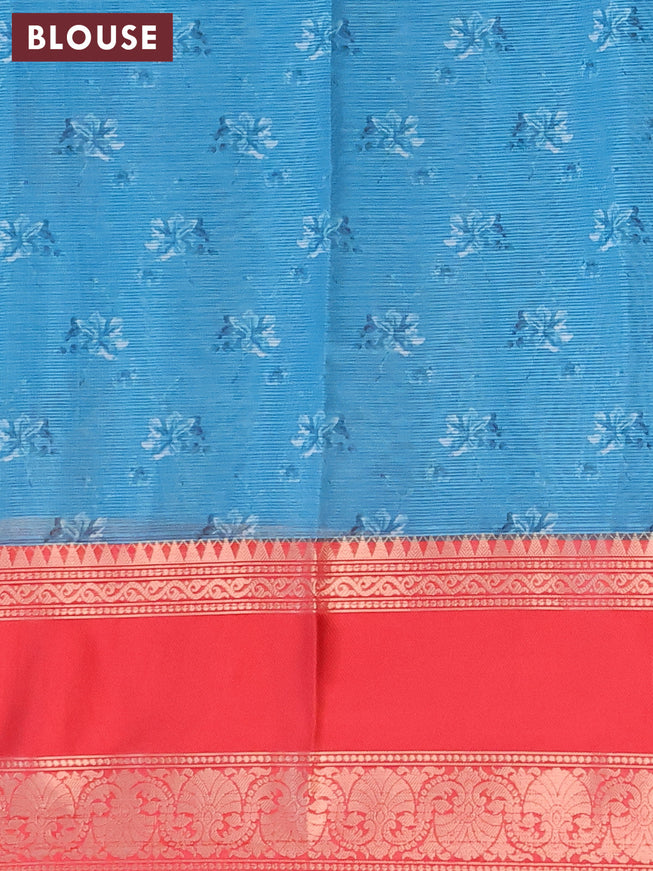 Banarasi kota saree blue and red with floral digital prints and rettapet zari woven border