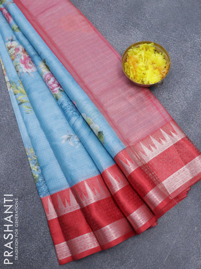 Banarasi kota saree light blue and red with floral digital prints & zari stripes pattern and rettapet silver rettapet zari woven border