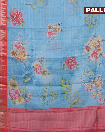 Banarasi kota saree light blue and red with floral digital prints & zari stripes pattern and rettapet silver rettapet zari woven border