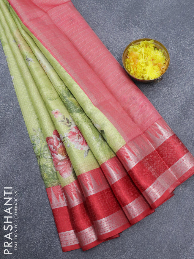 Banarasi kota saree lime green and red with floral digital prints & zari stripes pattern and temple design rettapet zari woven border