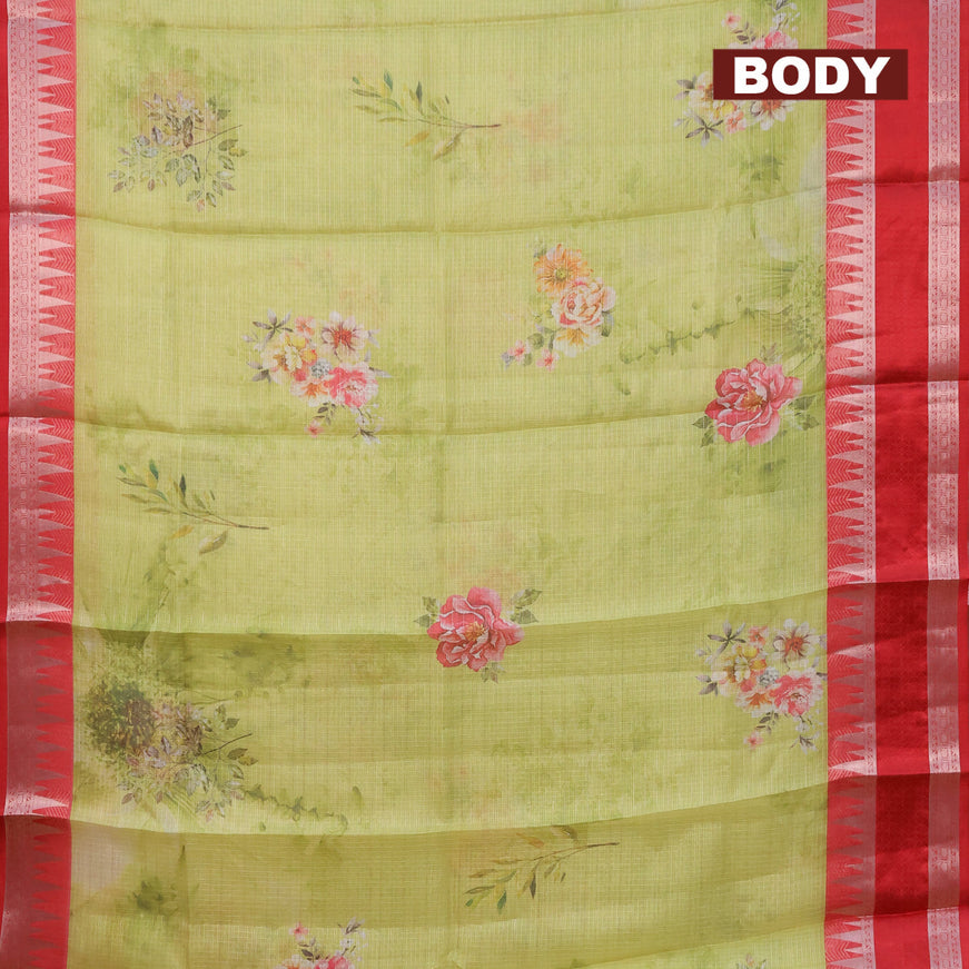 Banarasi kota saree lime green and red with floral digital prints & zari stripes pattern and temple design rettapet zari woven border