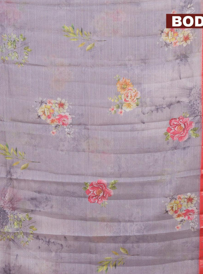 Banarasi kota saree grey and red with floral digital prints and temple design rettapet zari woven border