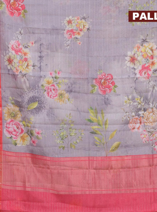 Banarasi kota saree grey and red with floral digital prints and temple design rettapet zari woven border