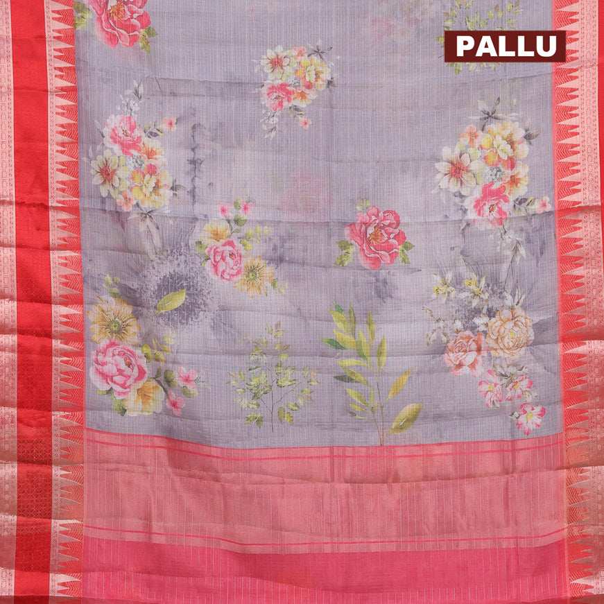 Banarasi kota saree grey and red with floral digital prints and temple design rettapet zari woven border