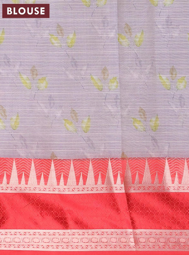 Banarasi kota saree grey and red with floral digital prints and temple design rettapet zari woven border