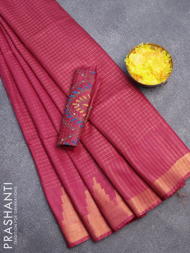 Semi tussar saree magenta pink with allover zari weaves and temple design zari woven border & embroidery work blouse