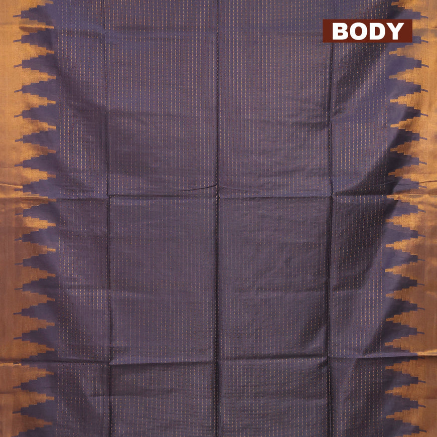 Semi tussar saree dark blue with allover zari weaves and temple design zari woven border & embroidery work blouse