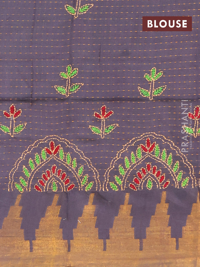 Semi tussar saree dark blue with allover zari weaves and temple design zari woven border & embroidery work blouse