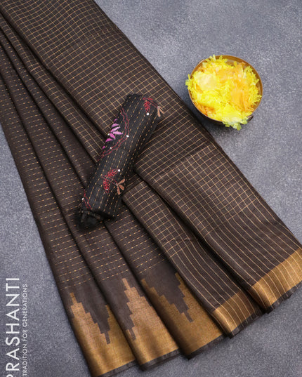 Semi tussar saree deep coffee brown with allover zari weaves and temple design zari woven border & embroidery work blouse