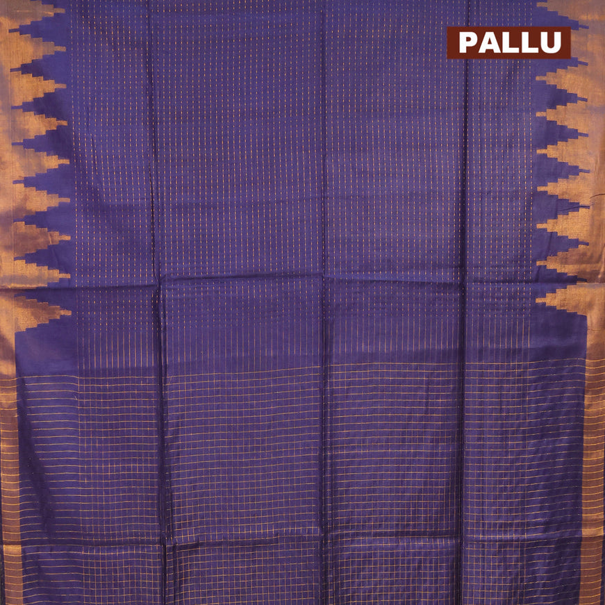 Semi tussar saree blue with allover zari weaves and temple design zari woven border & embroidery work blouse