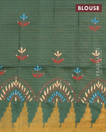 Semi tussar saree green with allover zari weaves and temple design zari woven border & embroidery work blouse