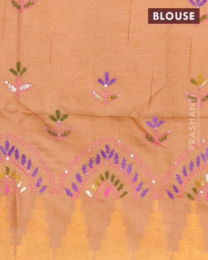 Semi tussar saree sandal with allover zari weaves and temple design zari woven border & embroidery work blouse