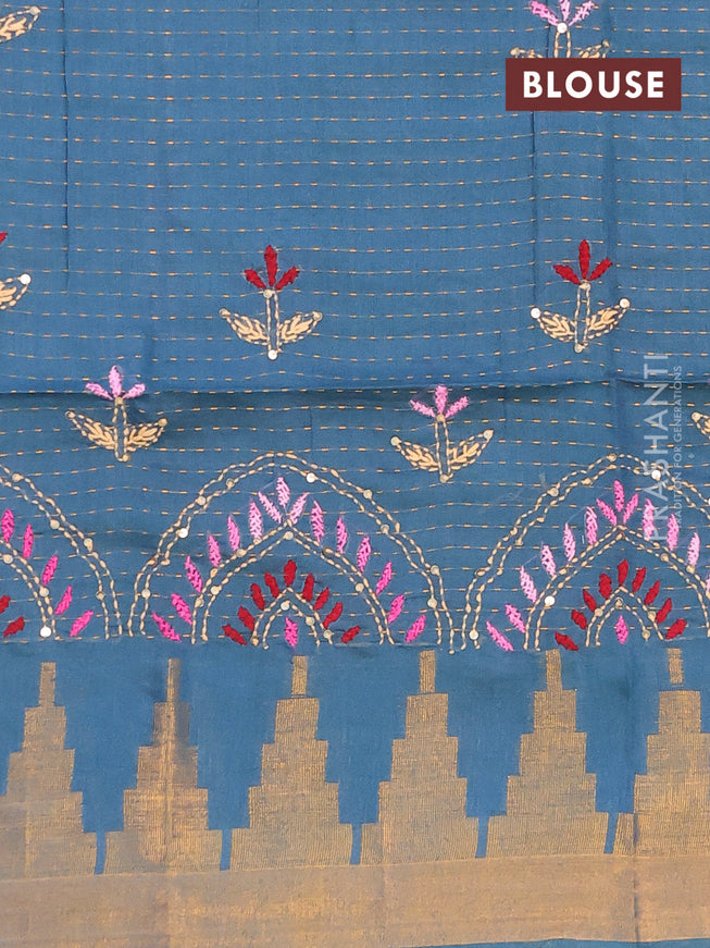 Semi tussar saree peacock blue with allover zari weaves and temple design zari woven border & embroidery work blouse