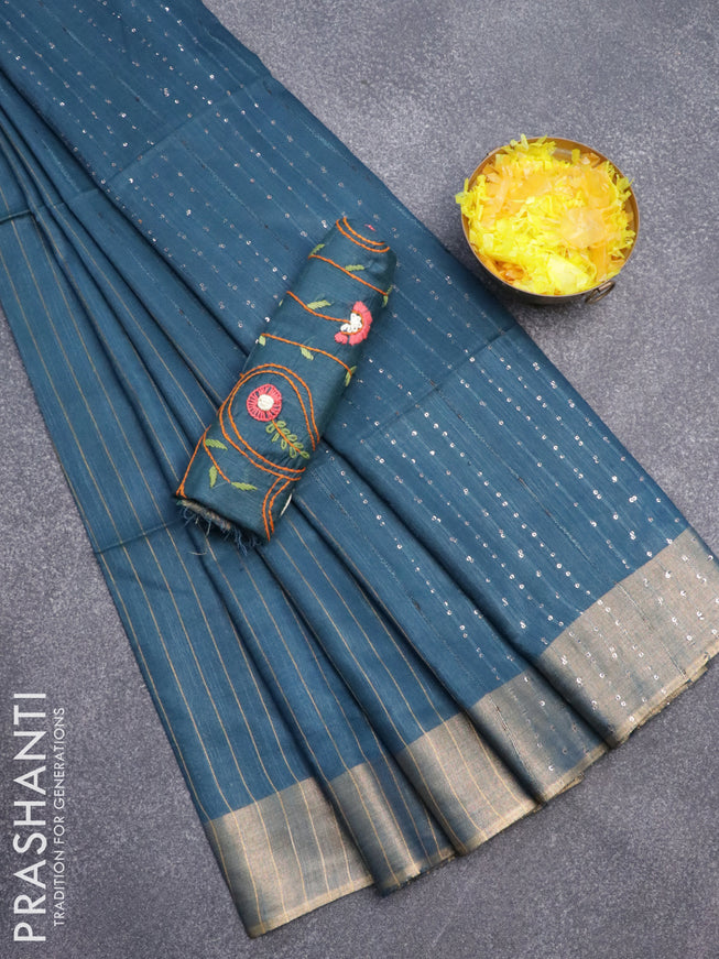 Semi tussar saree peacock blue with allover zari weaves and zari woven border & embroidery work blouse