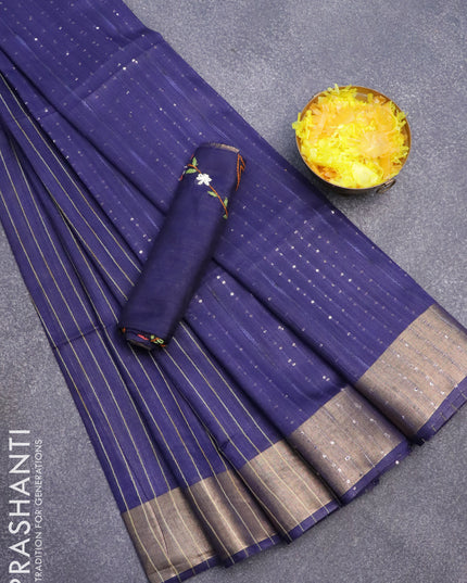 Semi tussar saree navy blue with allover zari weaves and zari woven border & embroidery work blouse