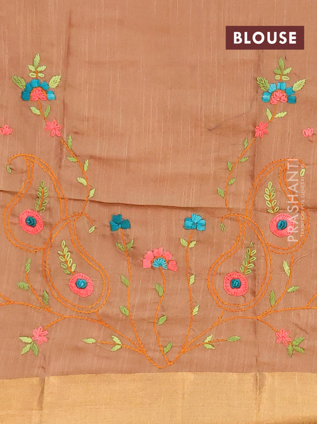 Semi tussar saree dark sandal with allover zari weaves and zari woven border & embroidery work blouse