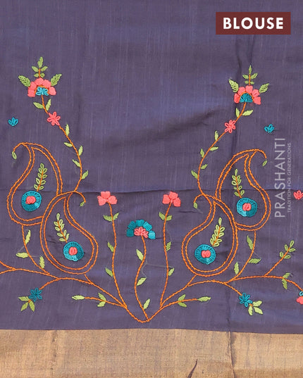 Semi tussar saree dark grey with allover zari weaves and zari woven border & embroidery work blouse