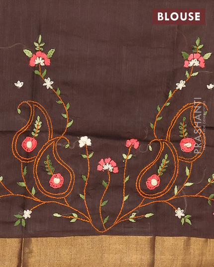 Semi tussar saree deep coffee brown with allover zari weaves and zari woven border & embroidery work blouse