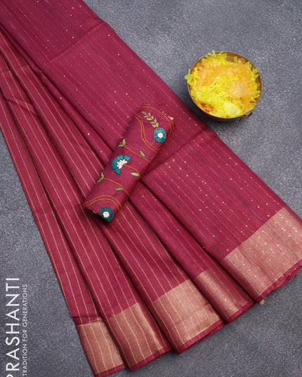 Semi tussar saree magenta pink with allover zari weaves and zari woven border & embroidery work blouse
