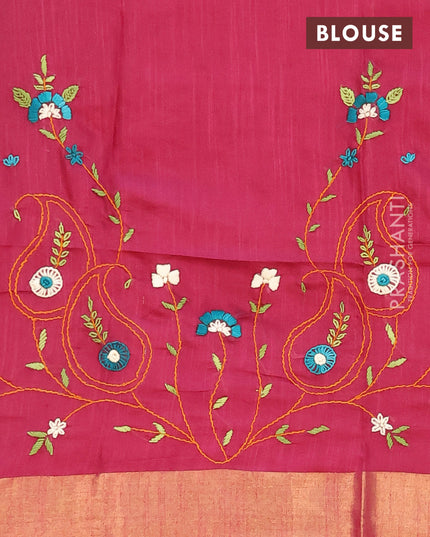Semi tussar saree magenta pink with allover zari weaves and zari woven border & embroidery work blouse