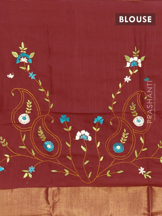 Semi tussar saree maroon with allover zari weaves and zari woven border & embroidery work blouse