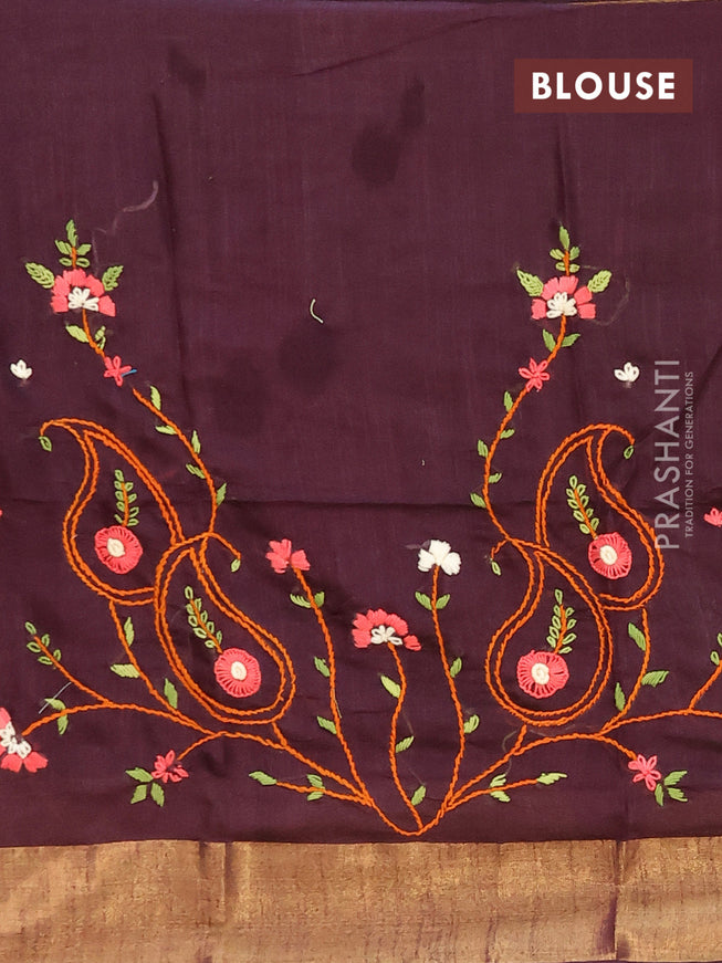 Semi tussar saree deep wine shade with allover zari weaves and zari woven border & embroidery work blouse