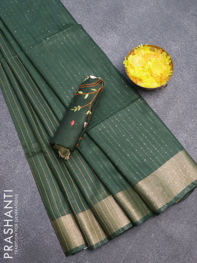 Semi tussar saree green with allover zari weaves and temple design zari woven border & embroidery work blouse