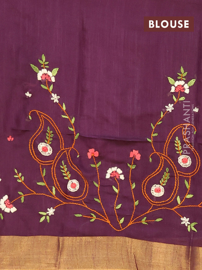 Semi tussar saree deep wine shade with allover zari weaves and temple design zari woven border & embroidery work blouse