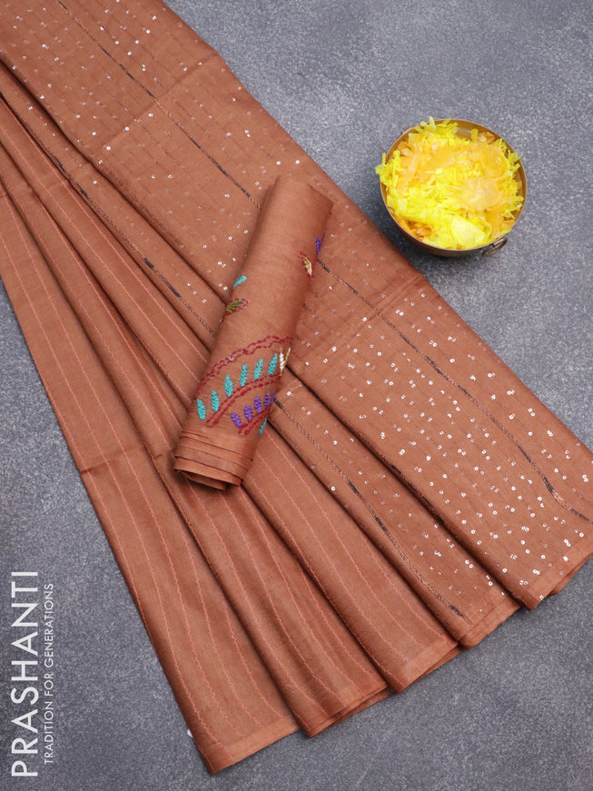 Semi tussar saree dark mustard with allover thread weaves and sequin work pallu & embroidery work blouse