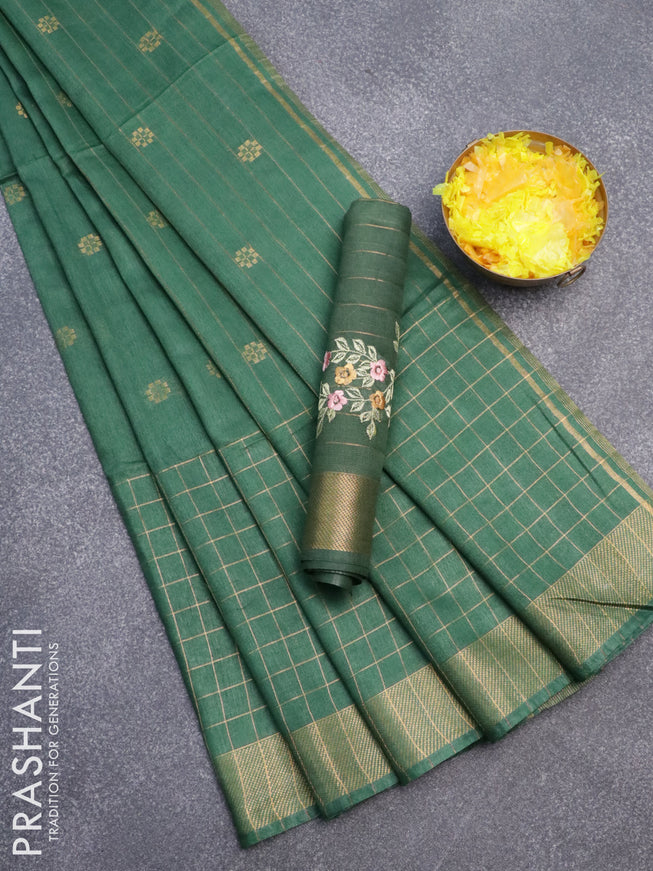 Semi tussar saree green with zari woven buttas & zari checks and zari woven border & embroidery work blouse