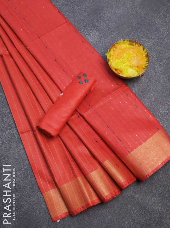 Semi tussar saree red with allover thread weaves and sequin work pallu & embroidery work blouse