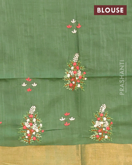 Semi tussar saree green with allover thread weaves and sequin work pallu & embroidery work blouse