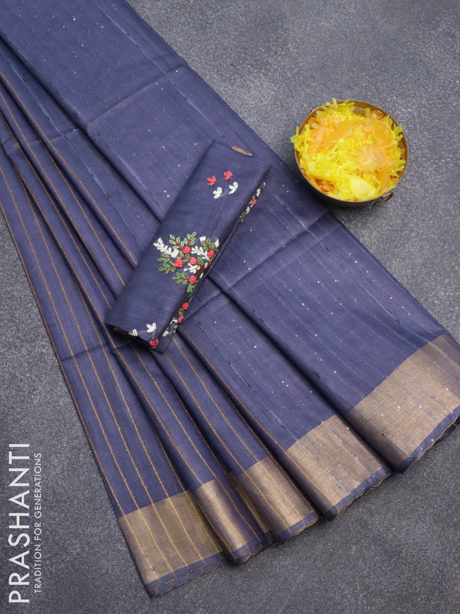Semi tussar saree blue with allover thread weaves and sequin work pallu & embroidery work blouse