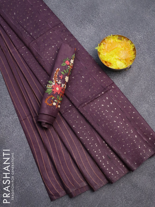 Semi tussar saree deep wine shade with allover thread weaves and sequin work pallu & embroidery work blouse