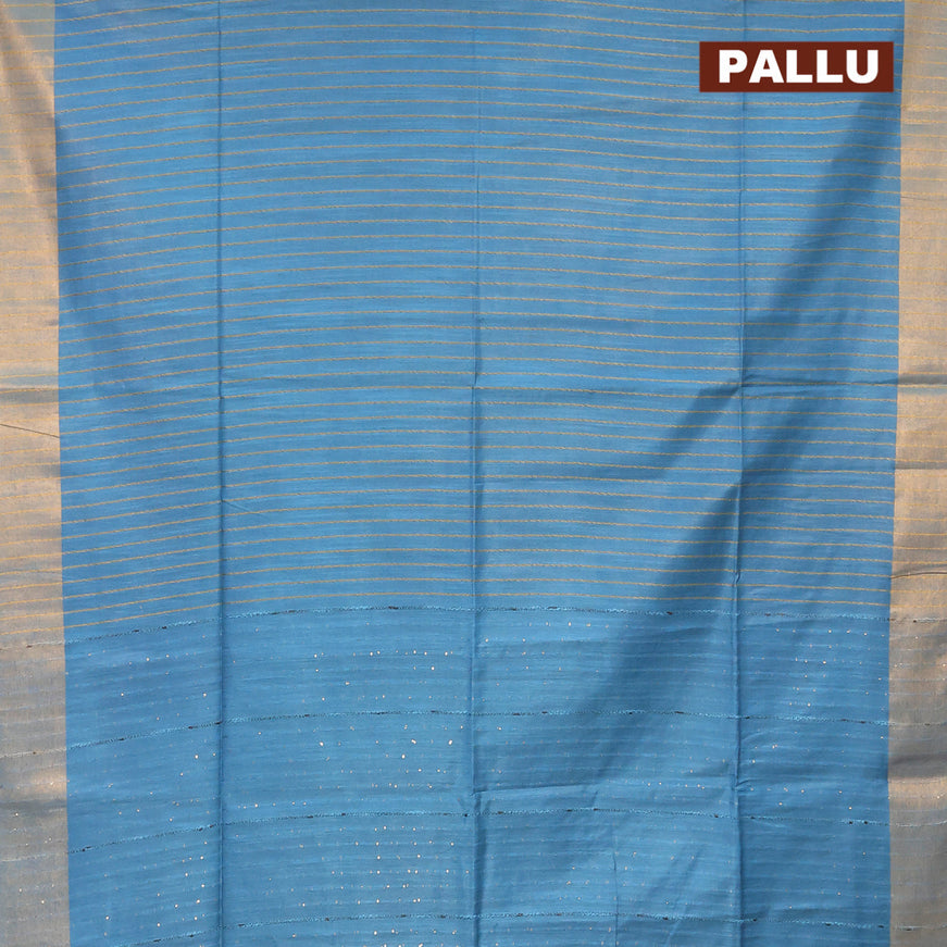 Semi tussar saree cs blue with allover thread weaves and sequin work pallu & embroidery work blouse
