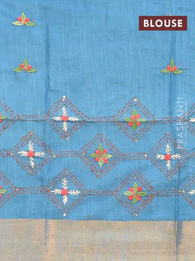 Semi tussar saree cs blue with allover thread weaves and sequin work pallu & embroidery work blouse