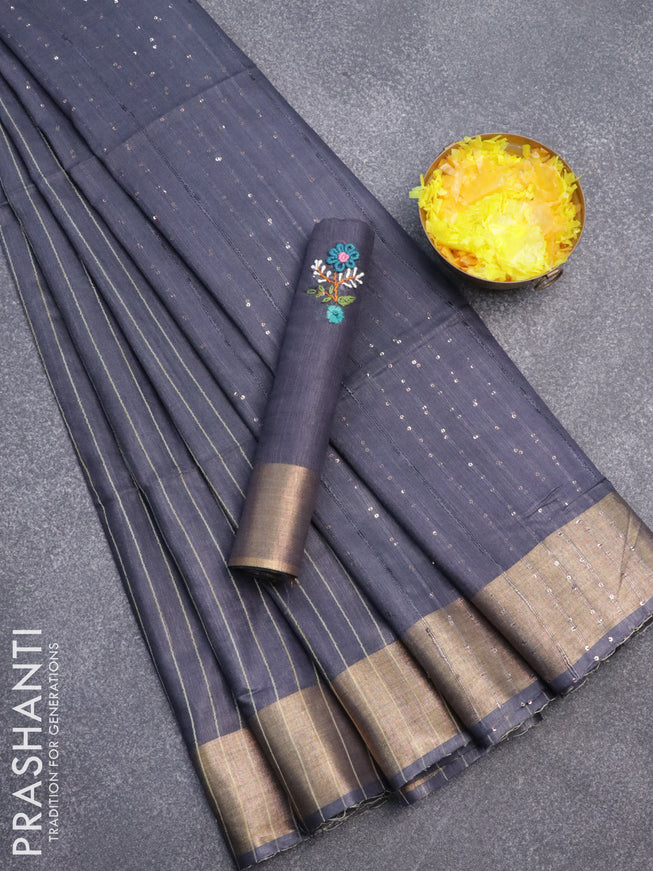 Semi tussar saree grey with allover thread woven stripes pattern and sequin work pallu & embroidery work blouse