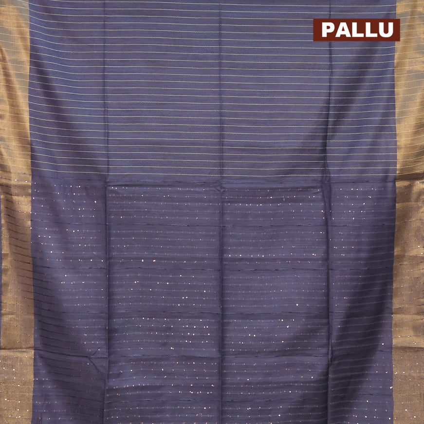 Semi tussar saree grey with allover thread woven stripes pattern and sequin work pallu & embroidery work blouse