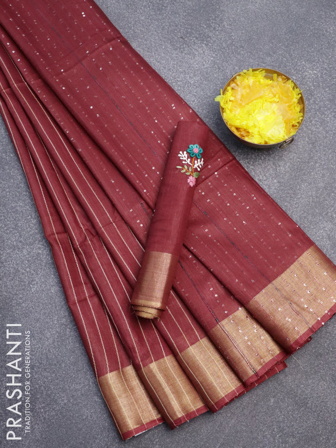 Semi tussar saree maroon with allover thread woven stripes pattern and sequin work pallu & embroidery work blouse