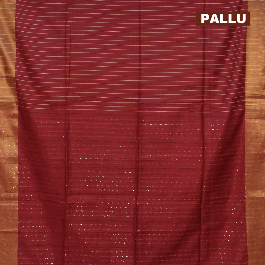 Semi tussar saree maroon with allover thread woven stripes pattern and sequin work pallu & embroidery work blouse