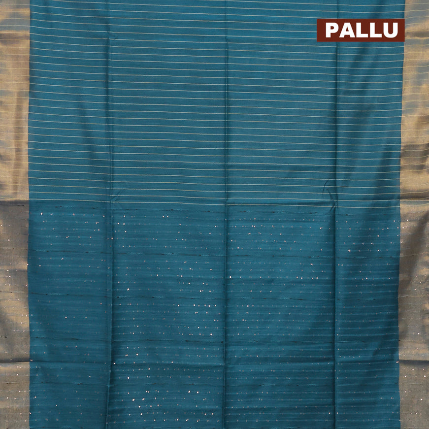 Semi tussar saree peacock blue with allover thread woven stripes pattern and sequin work pallu & embroidery work blouse