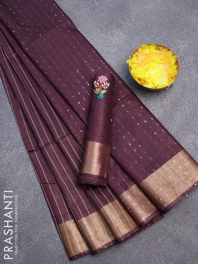 Semi tussar saree wine shade with allover thread woven stripes pattern and sequin work pallu & embroidery work blouse