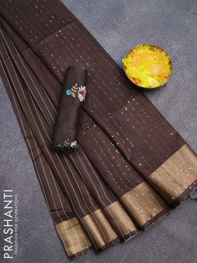 Semi tussar saree deep coffee brown with allover thread weaves and sequin work pallu & embroidery work blouse
