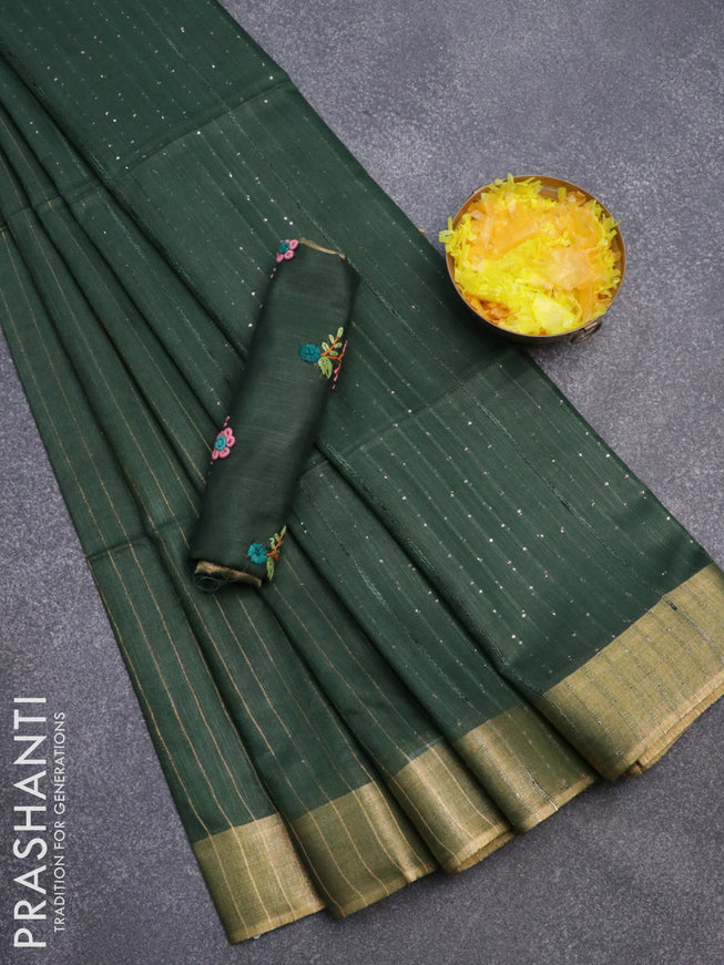 Semi tussar saree green with allover zari woven stripes pattern and sequin work pallu & embroidery work blouse