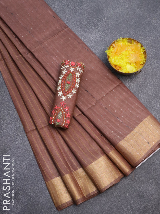 Semi tussar saree brown with allover thread weaves and sequin work pallu & embroidery work blouse