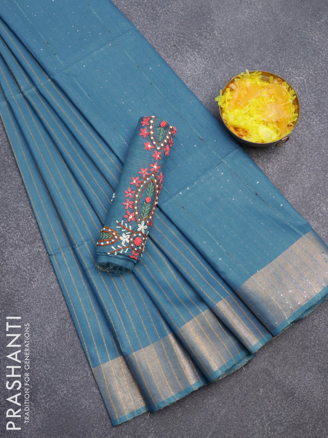 Semi tussar saree blue with allover thread weaves and sequin work pallu & embroidery work blouse