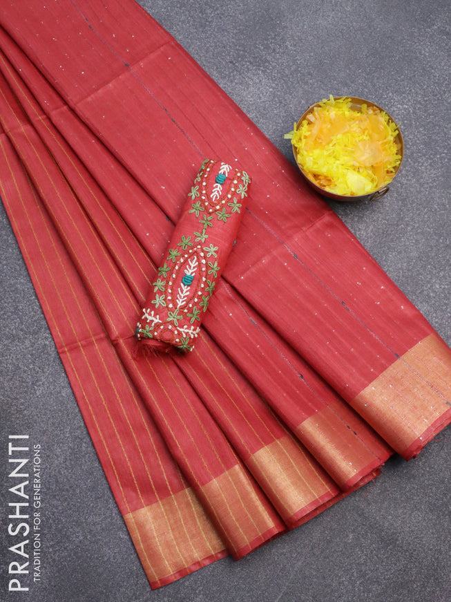 Semi tussar saree red with allover thread weaves and sequin work pallu & embroidery work blouse