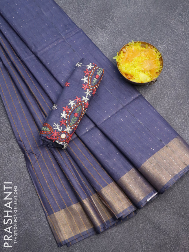 Semi tussar saree blue shade with allover thread weaves and sequin work pallu & embroidery work blouse