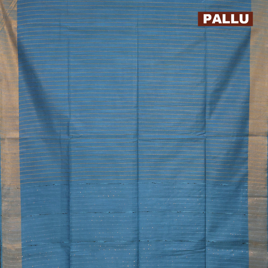 Semi tussar saree peacock blue with allover thread weaves and sequin work pallu & embroidery work blouse