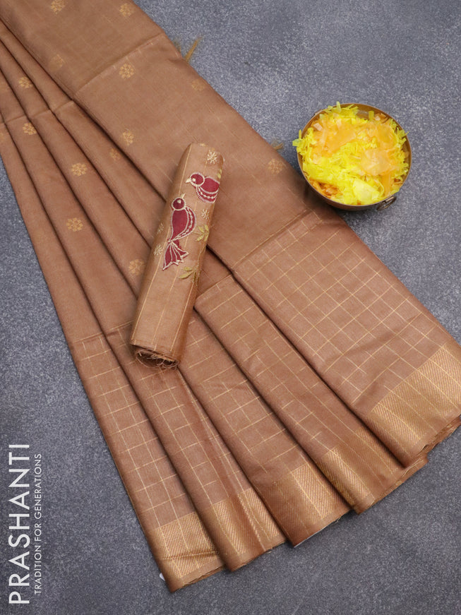 Semi tussar saree dark sandal with zari woven buttas & zari checks and zari woven border & embroidery work blouse